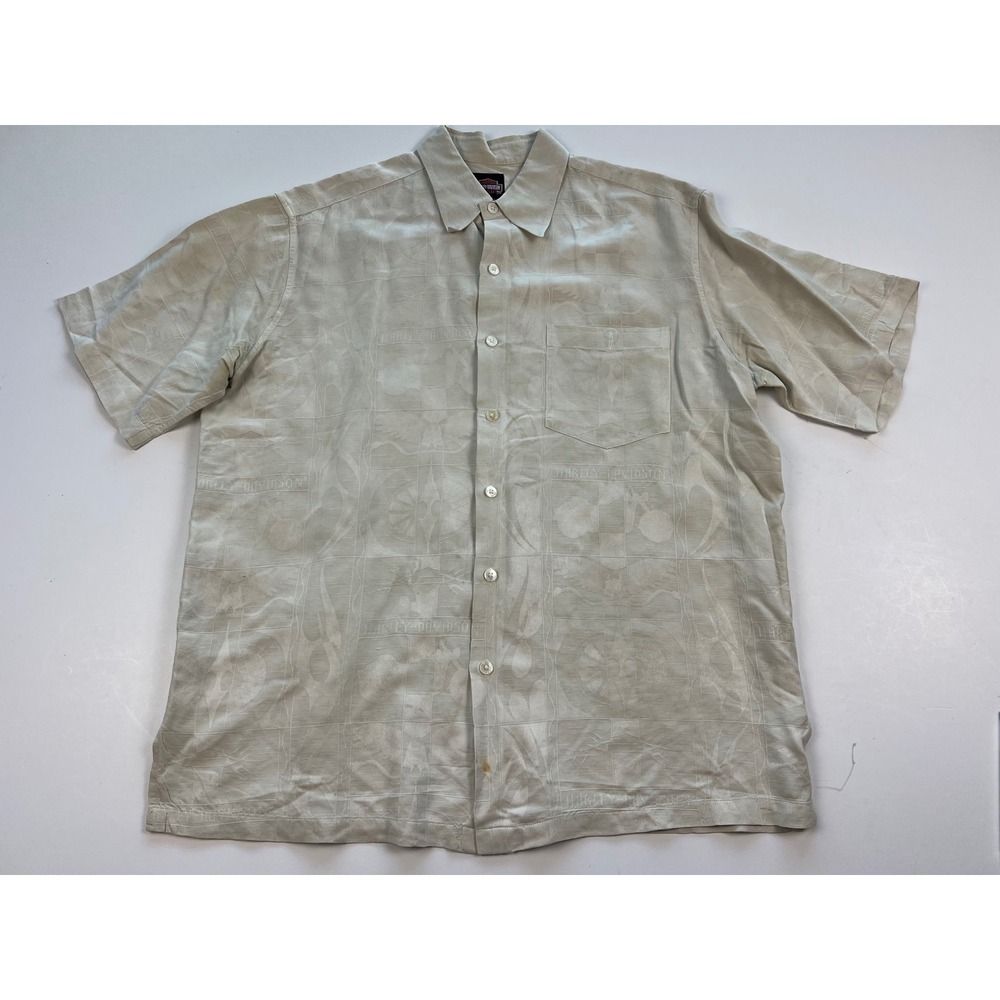 Harley Davidson Mens 100% Silk Short Sleeve Button Up Shirt Tan Logo Print Large